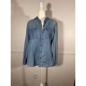 Polly & Esther medium women embroidered country boho denim button up top 1087